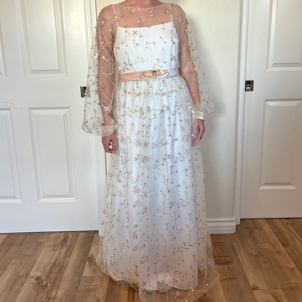 Elegant White Floral Gown with Sheer Overlay